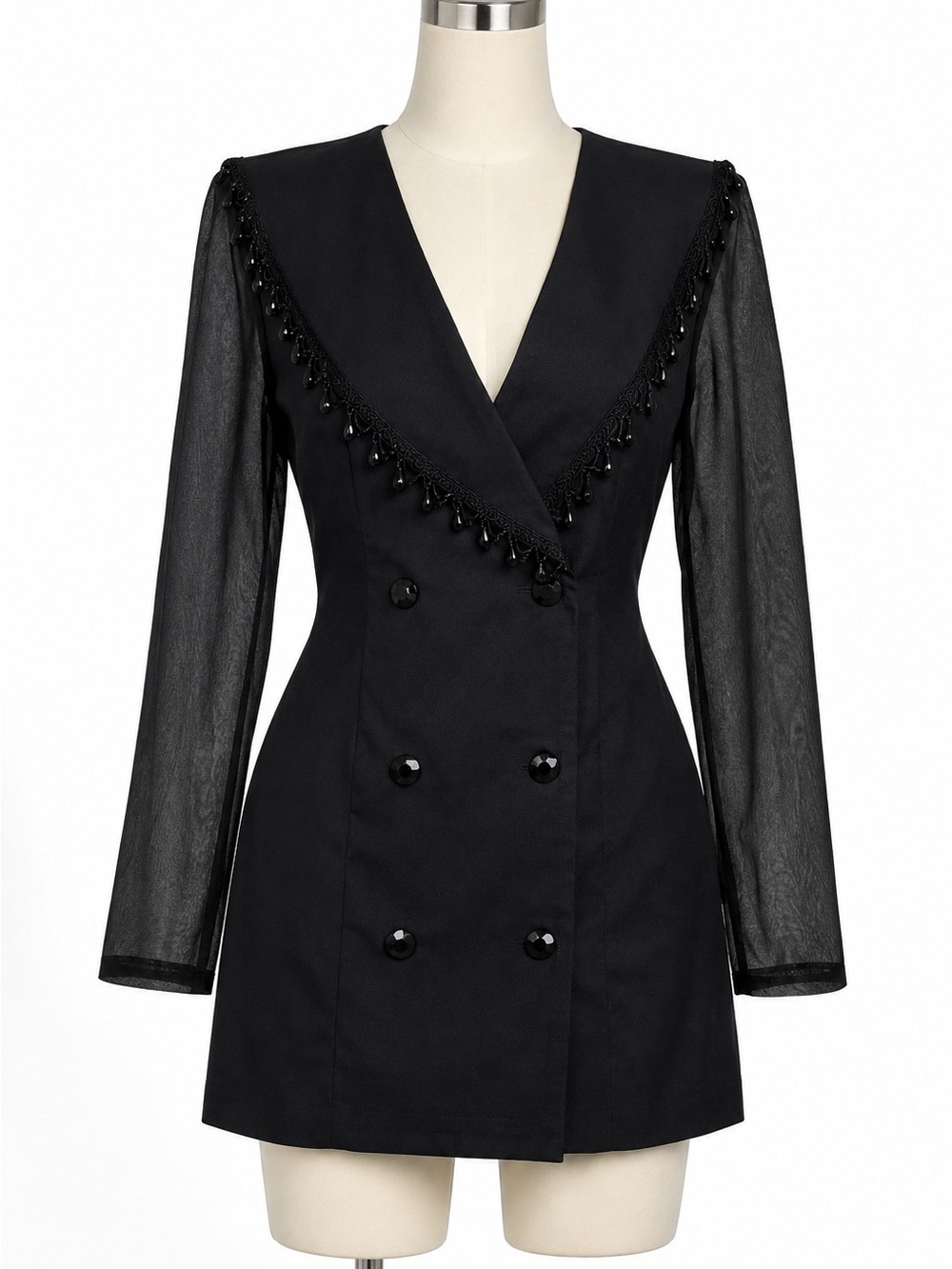 Black Double-Breasted V-Neck Dress with Sheer Long Sleeves